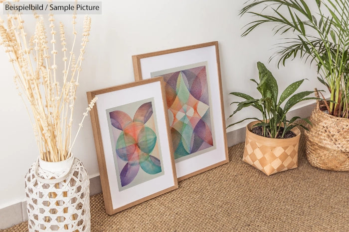 Two framed abstract geometric art pieces on floor, plants in woven pots beside them, in a cozy room setting.