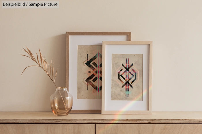 Two framed abstract artworks with geometric shapes on a wooden sideboard, next to a glass vase with dried grass.