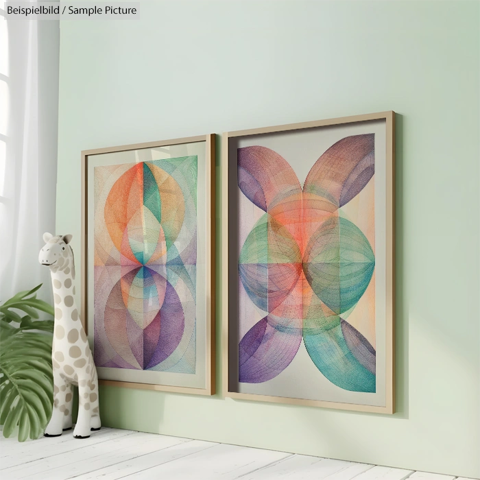 Two abstract geometric artworks with overlapping colorful circles in beige frames, next to a giraffe figurine on a pale wall.