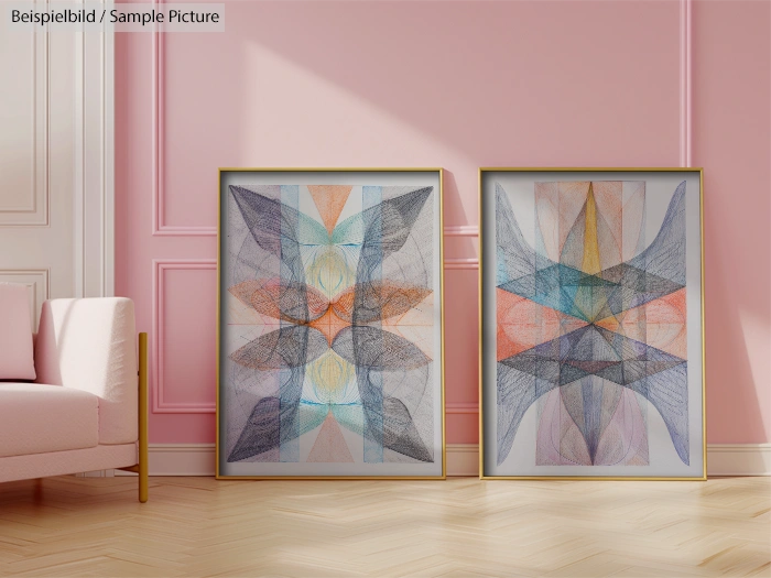 Two abstract geometric art pieces in gold frames against a pink wall, near a light pink sofa.