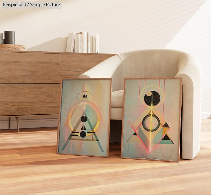 Modern abstract geometric paintings leaning against an armchair in a sunlit room with wooden flooring and furniture.