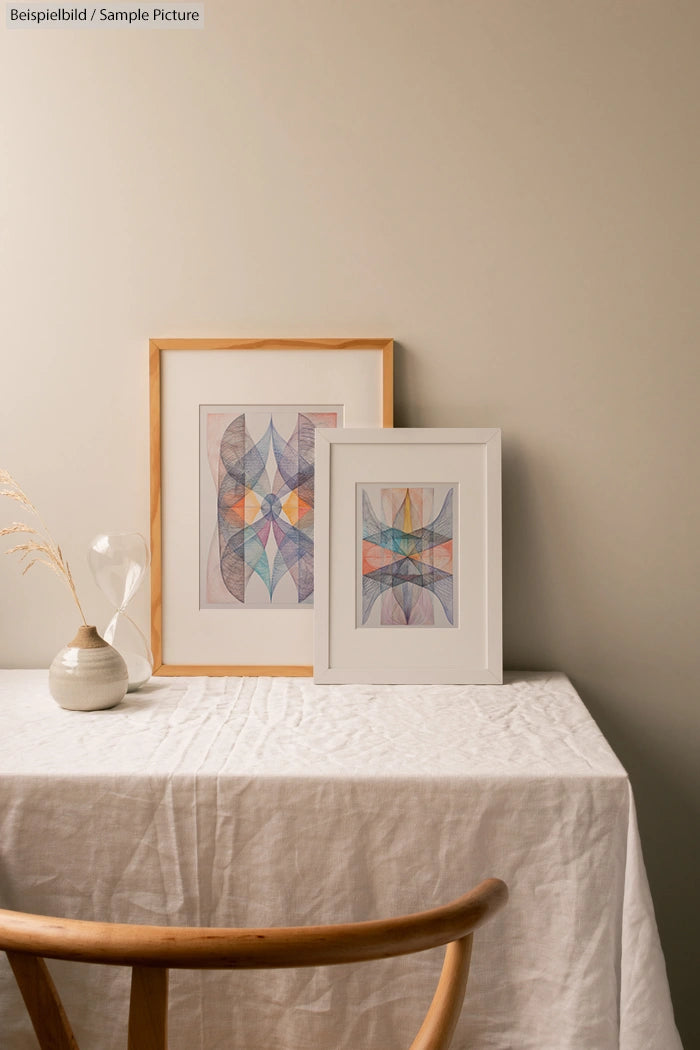 Two framed abstract geometric prints on a table with a tablecloth, next to a chair and a small vase with dried grass.