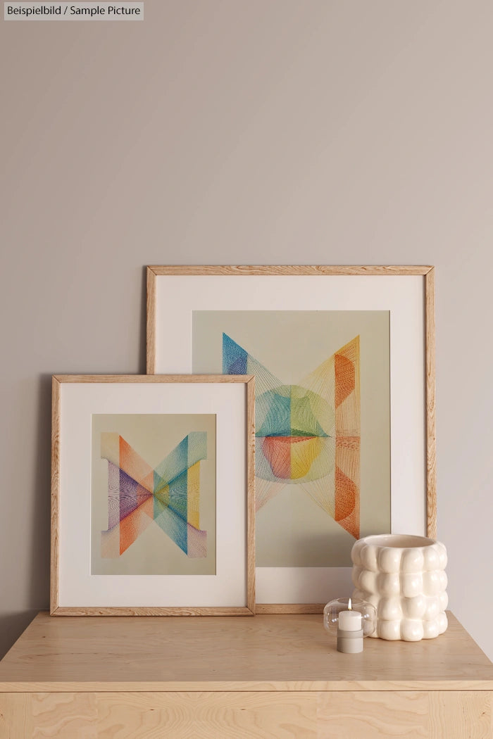 Two framed geometric abstract artworks on wooden table with a white textured vase and candle.