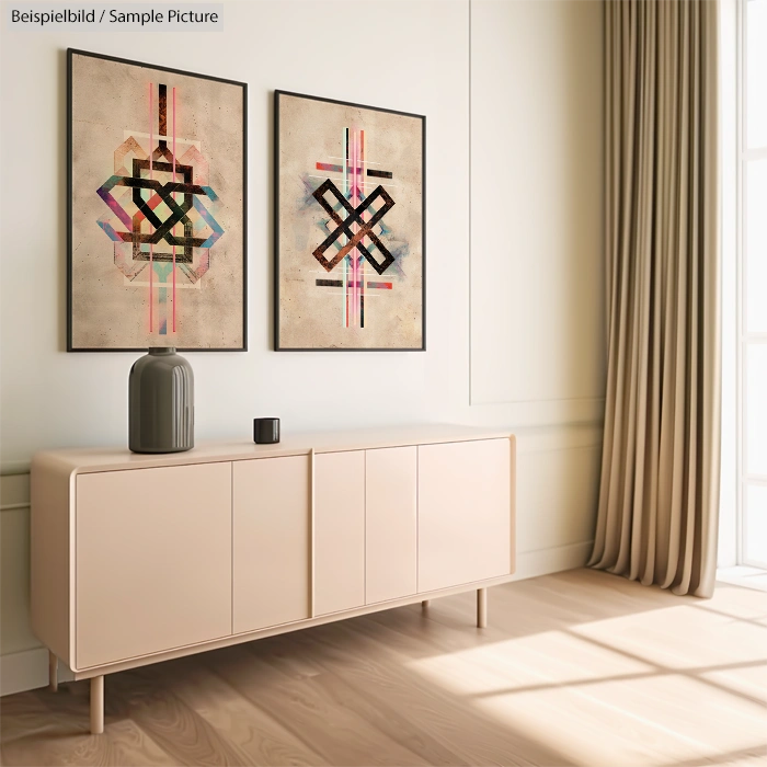Modern living room with two abstract geometric paintings above a beige sideboard and large curtain.