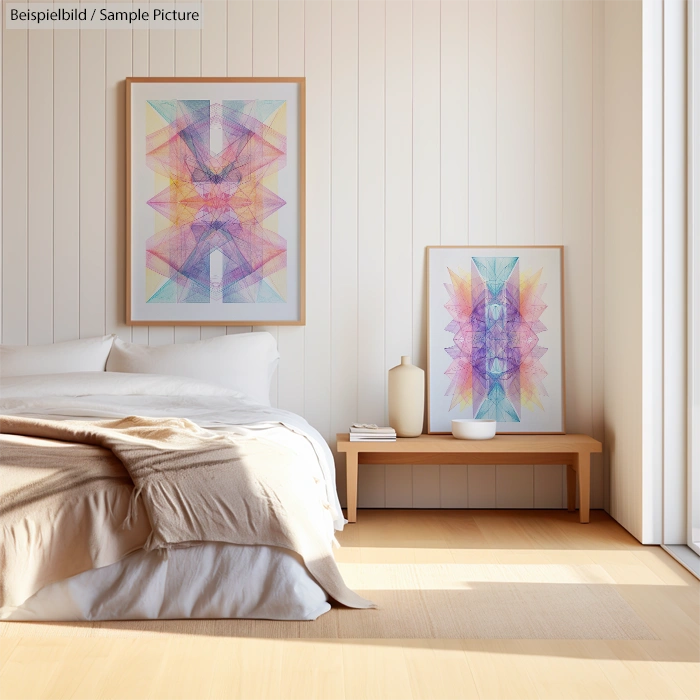 Minimalist bedroom with abstract art, wooden bench, white bedding, and natural light from large window.