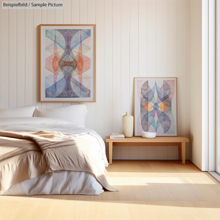 Bedroom with abstract art on wall and bench, featuring geometric patterns in soft colors.