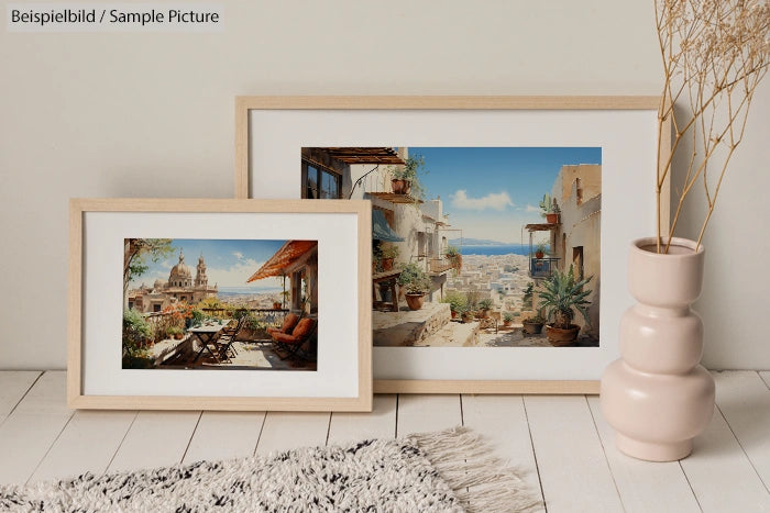 Two framed landscape paintings on a wooden floor; one features a cozy balcony, the other a scenic village view.