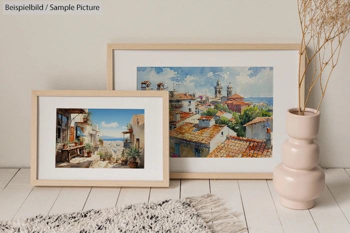 Framed landscape paintings displayed on wooden floor with beige wall and decorative vase.