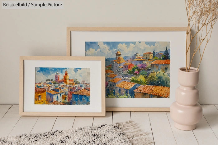 Two framed paintings of vibrant cityscapes with colorful rooftops and blue skies, leaning against a beige wall.