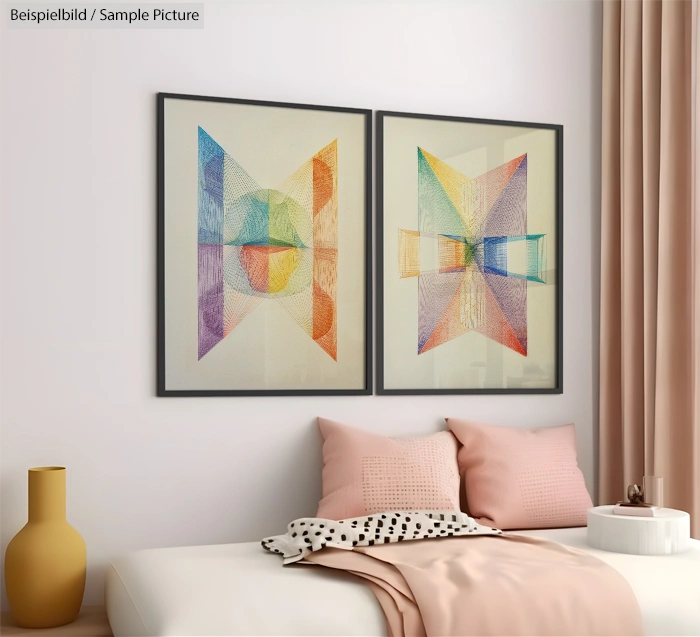 Two colorful geometric abstract paintings in black frames above a bed with pink cushions and a beige vase nearby.