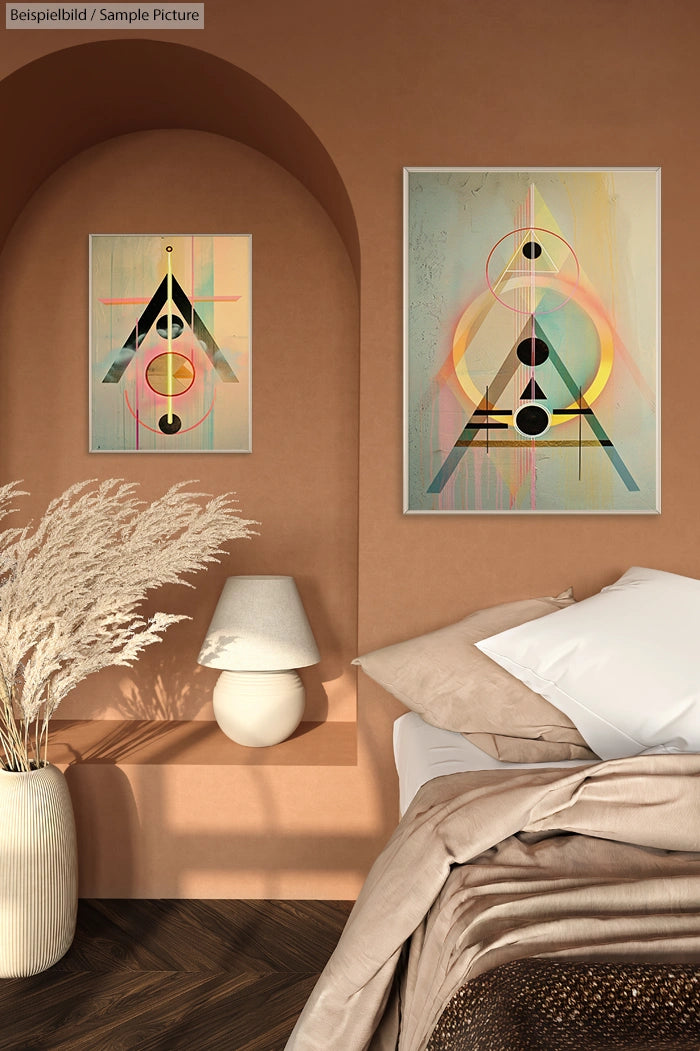 Bedroom interior with abstract geometric artwork, earth-tone walls, white bedding, and decorative lamp.