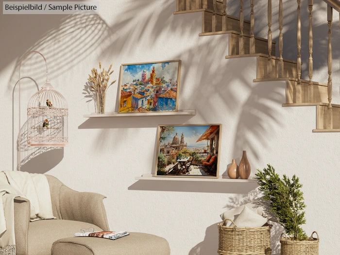 Sunlit living area with paintings on shelves, wicker basket, beige chair, and birdcage beside staircase and decorative plants.