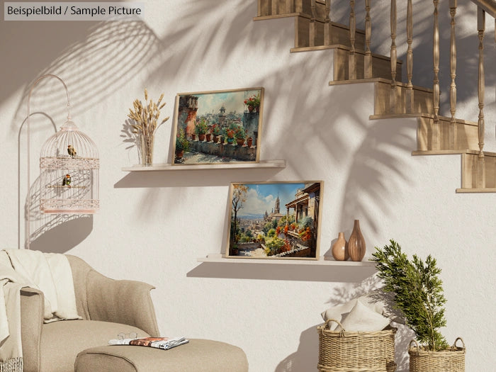 Cozy living room with wall art, wicker basket, and stair rail shadows on a white wall.