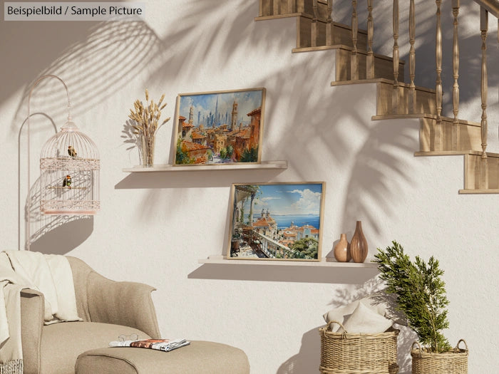 Sunlit living room with paintings on shelves, a wicker basket, and a birdcage beside a beige chair and stairway.
