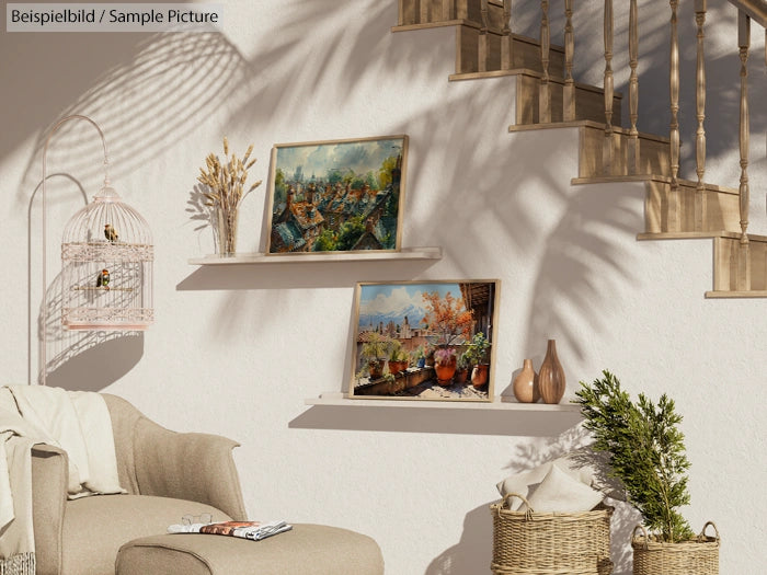 Cozy living room with paintings on wall shelves, a birdcage, wicker basket, armchair, and sunlight casting shadows on wall.