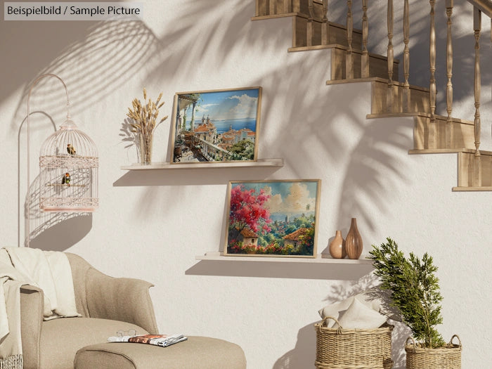 Cozy room with paintings on wall, staircase with shadow patterns, wicker basket, and beige armchair with fringed rug.