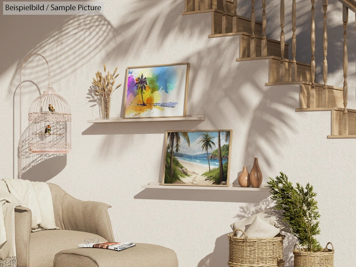 Cozy living room with stairway, tropical paintings on shelves, cage decor, and a beige armchair with cushion.