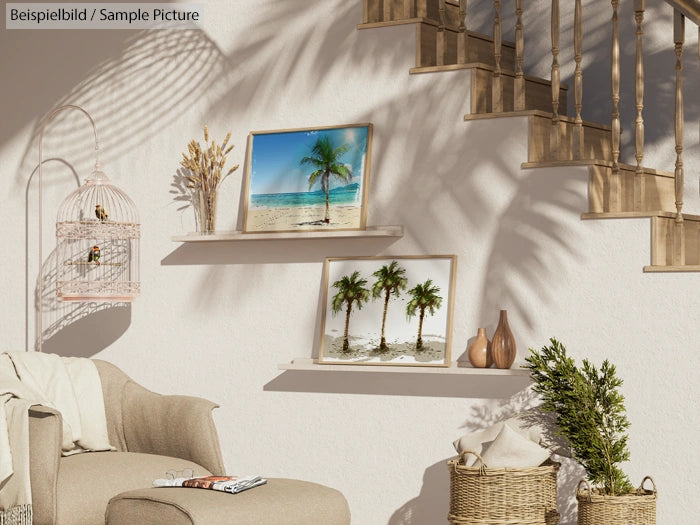 Cozy living room with beach-themed decor, including palm tree paintings, a wicker basket, and a birdcage under stairs.