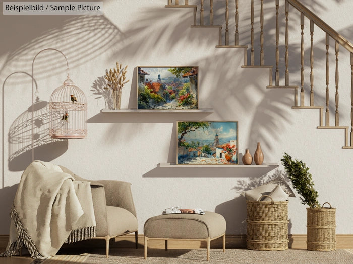 Cozy living room with beige chair, ottoman, decorative birdcage, and paintings on wall-mounted shelves under wooden stairs.