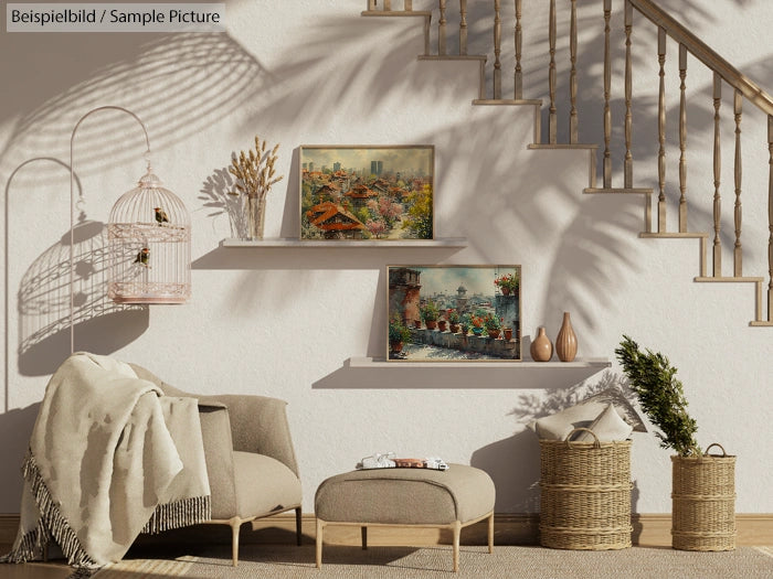 Stylish living room with staircase, wall art, birdcage, plants, and cozy chair with light decor.