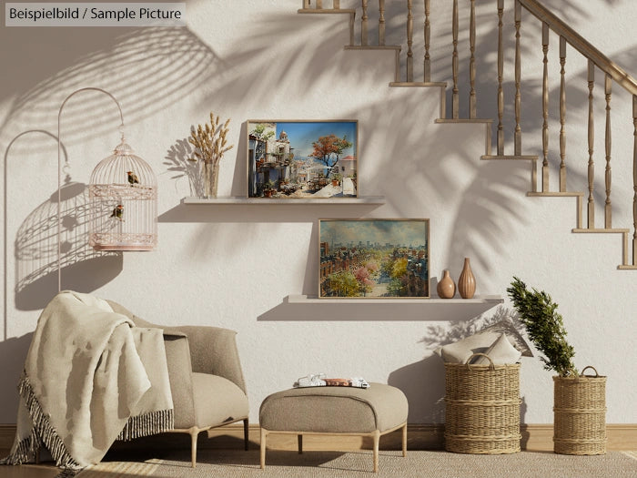 Cozy living area with stairs, art on shelves, wicker baskets, neutral decor, and soft natural lighting.