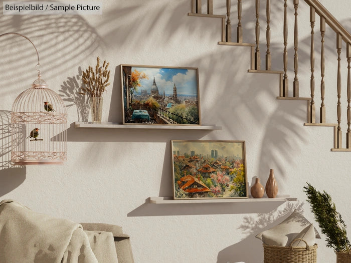 Interior decor with framed paintings on shelves, birdcage with birds, and sunlight casting shadows on textured wall.