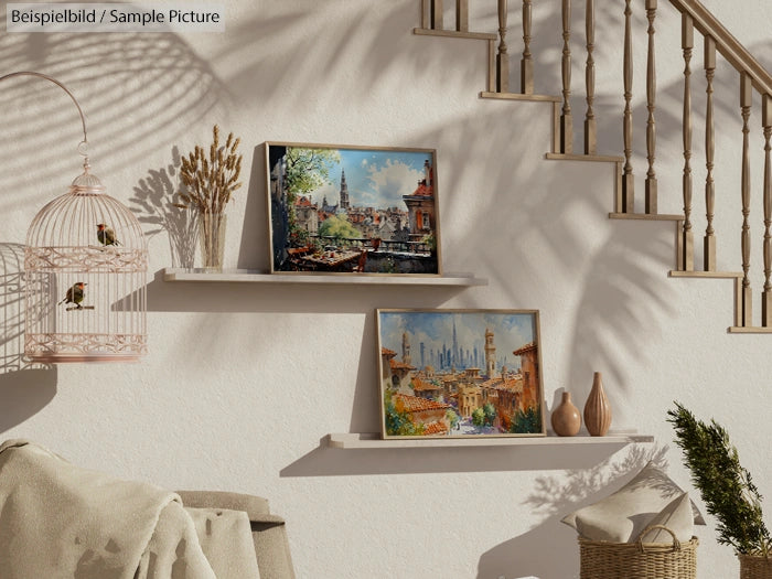 Room with stairway, artwork on shelves, birdcage, and decorative vases, showcasing a cozy and artistic decor.