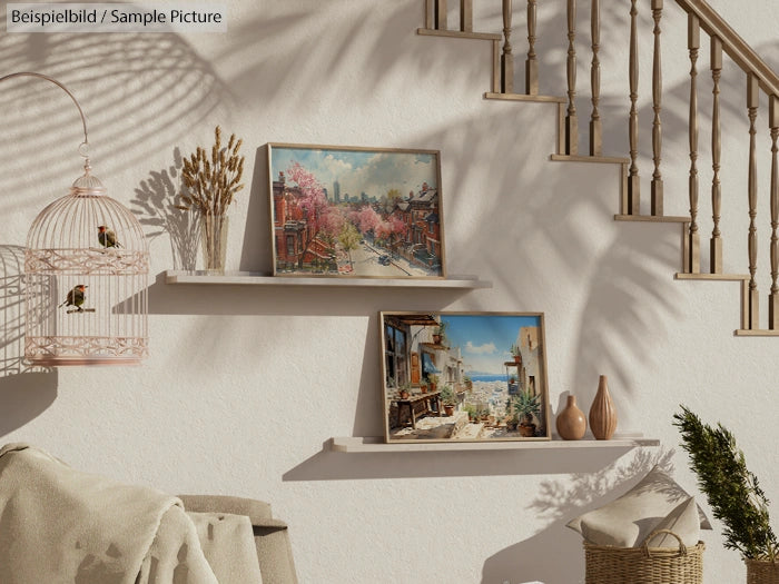 Two framed paintings on wall shelves with birdcage decor, under a staircase in a sunlit room.