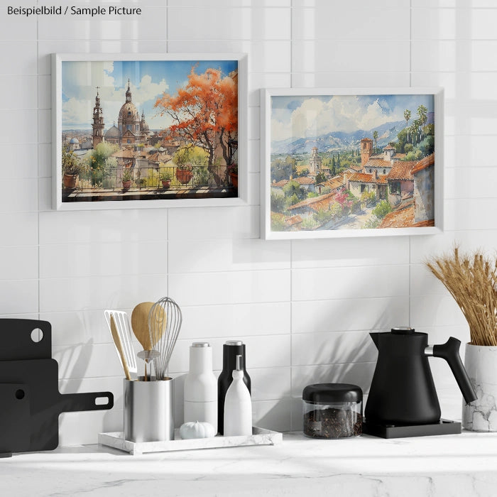 Kitchen with two landscape paintings, utensils, black kettle, and wheat decoration on a white tile backsplash.