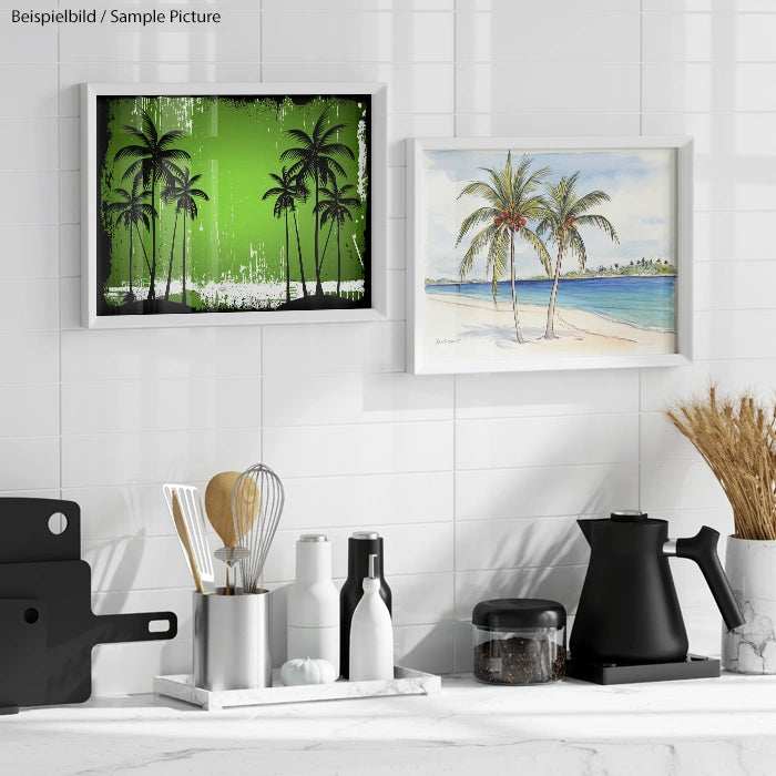 Kitchen counter with cooking utensils in front of framed palm tree art against white tiled wall.