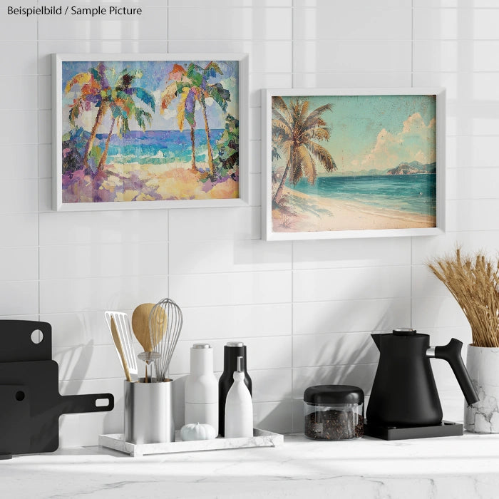 Kitchen decor with tropical beach paintings, utensils, and black kettle on counter with white tiled backsplash.