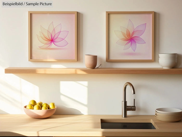 Minimalist kitchen with wooden counter, fruit bowl, and framed abstract floral prints on a white wall.