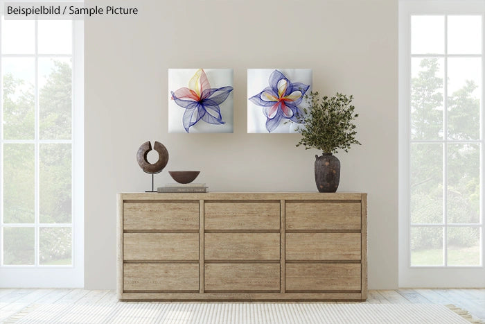 Modern living room with wooden dresser, abstract flower art on wall, decorative vase, sculpture, and large windows.