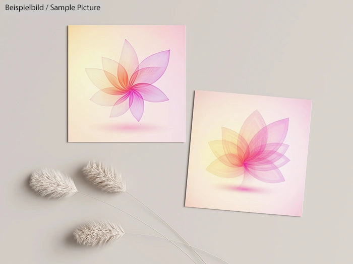 Two abstract floral artworks with gradient pink and orange petals on a light background, next to white pampas grass stems.