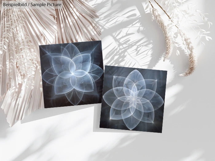Two geometric floral art prints on a white surface with dry palm leaves for decoration.
