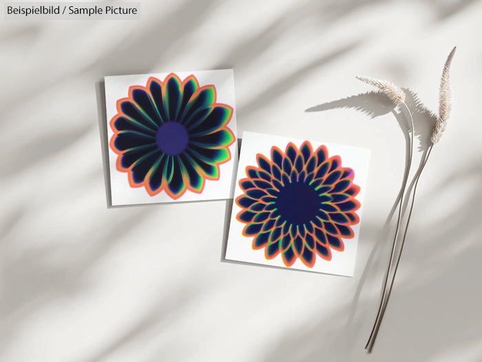 Two abstract flower art prints in vibrant colors, displayed on a light surface with delicate dried flowers beside them.