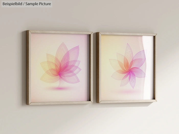 Two framed abstract floral art prints with pink and purple hues on a light wall.