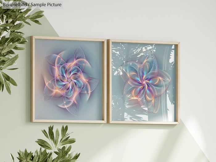 Framed abstract art with colorful floral patterns on a wall, surrounded by green foliage.