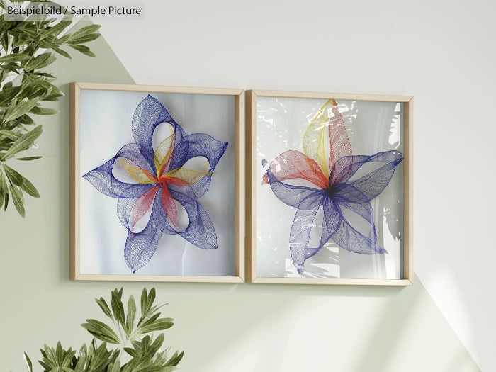 Two framed abstract floral art pieces with blue and red mesh designs, displayed on a light wall with green leaves.