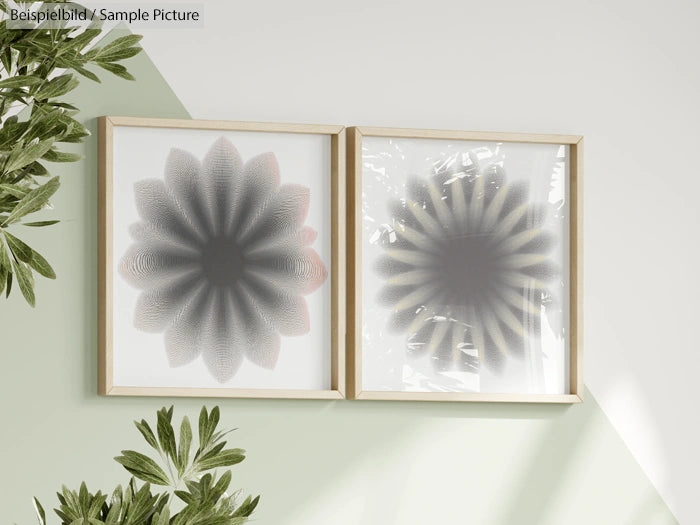 Two framed abstract flower prints with overlapping gradient petals on a light wall, surrounded by green leaves.