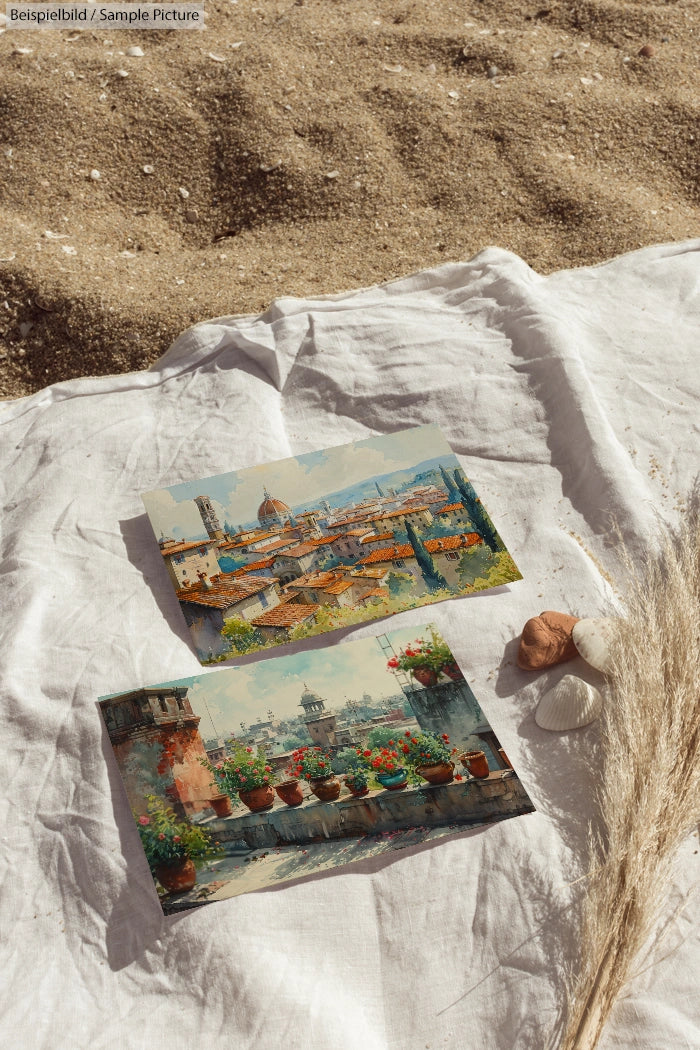Two paintings of scenic city views on white cloth, placed on a sandy beach with seashells and dried plants.