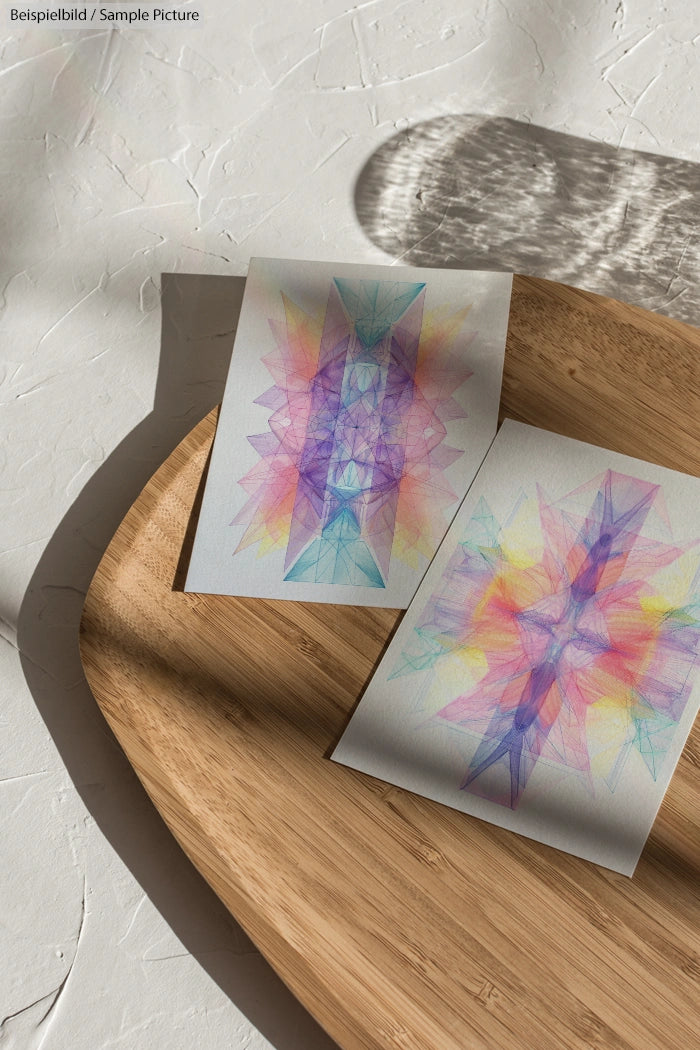Two geometric abstract art prints with colorful shapes on a wooden surface, casting delicate shadows.