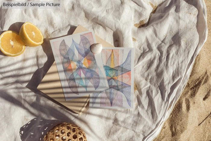 Colorful abstract art on papers, placed on sandy beach with seashells, lemon halves, and casting shadows.