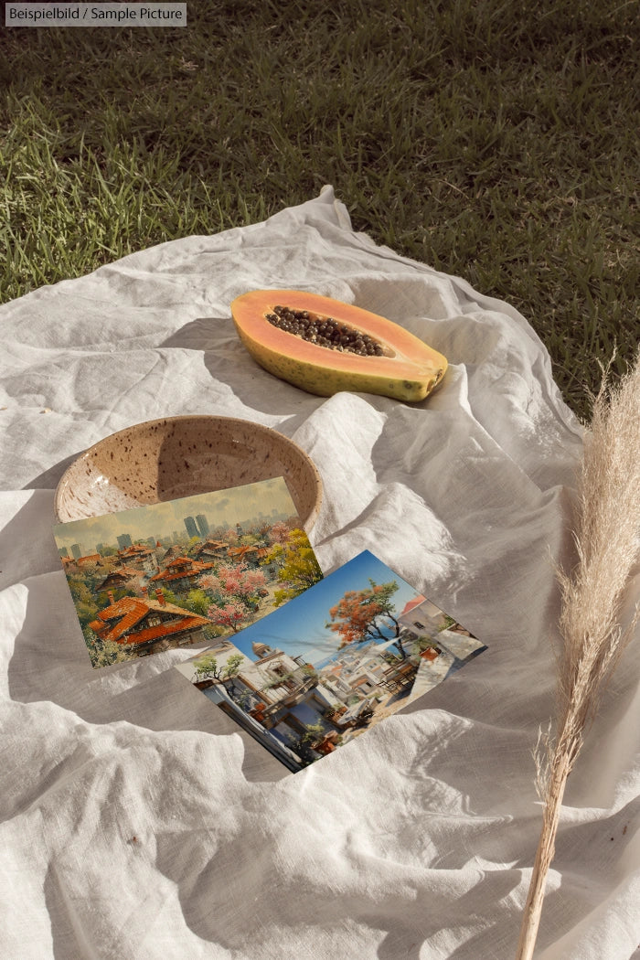 A picnic setup with postcards, a bowl, papaya slice, and grass, on a white cloth.