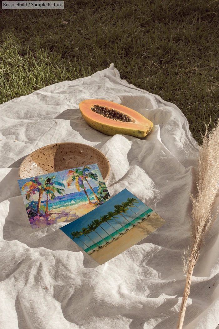 Tropical landscape postcards on fabric with papaya and reed, set on grass.