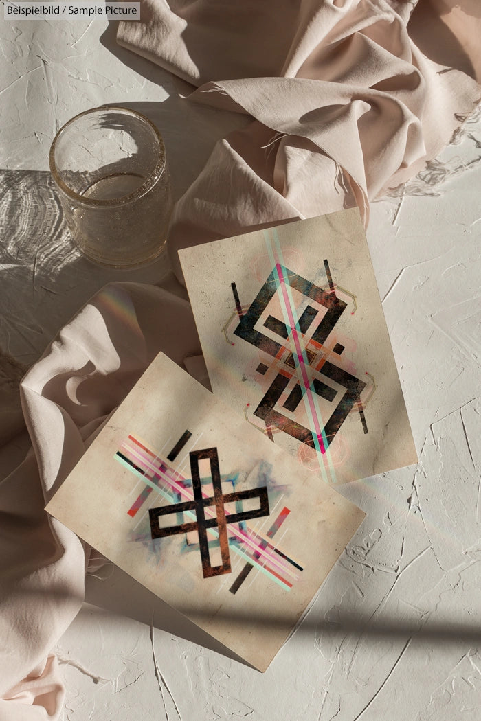 Geometric abstract art prints on textured surface with a glass and draped fabric, lit by natural sunlight.