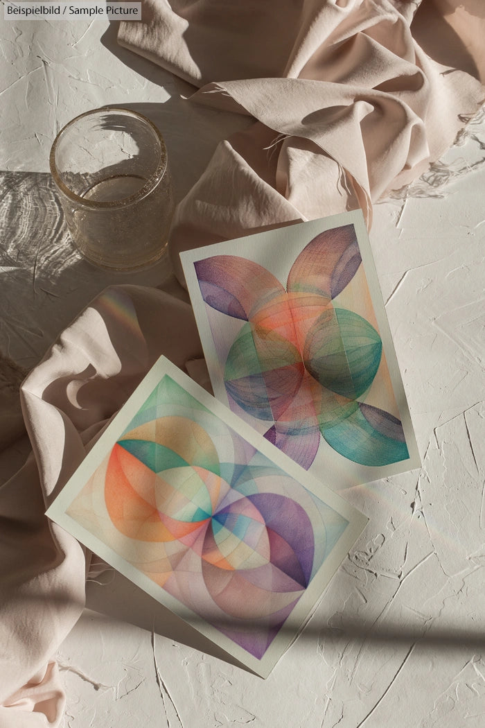 Two abstract geometric prints with overlapping colorful shapes beside a textured glass and draped fabric.