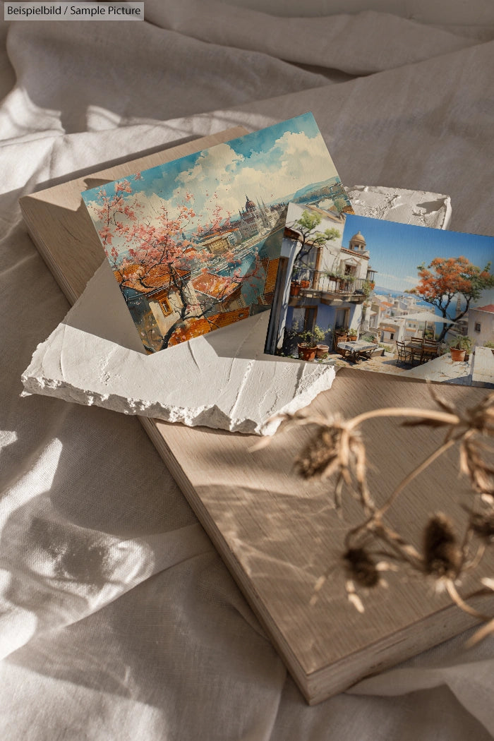 Postcards with scenic illustrations on a rustic wooden surface, surrounded by dried flowers and textured paper.