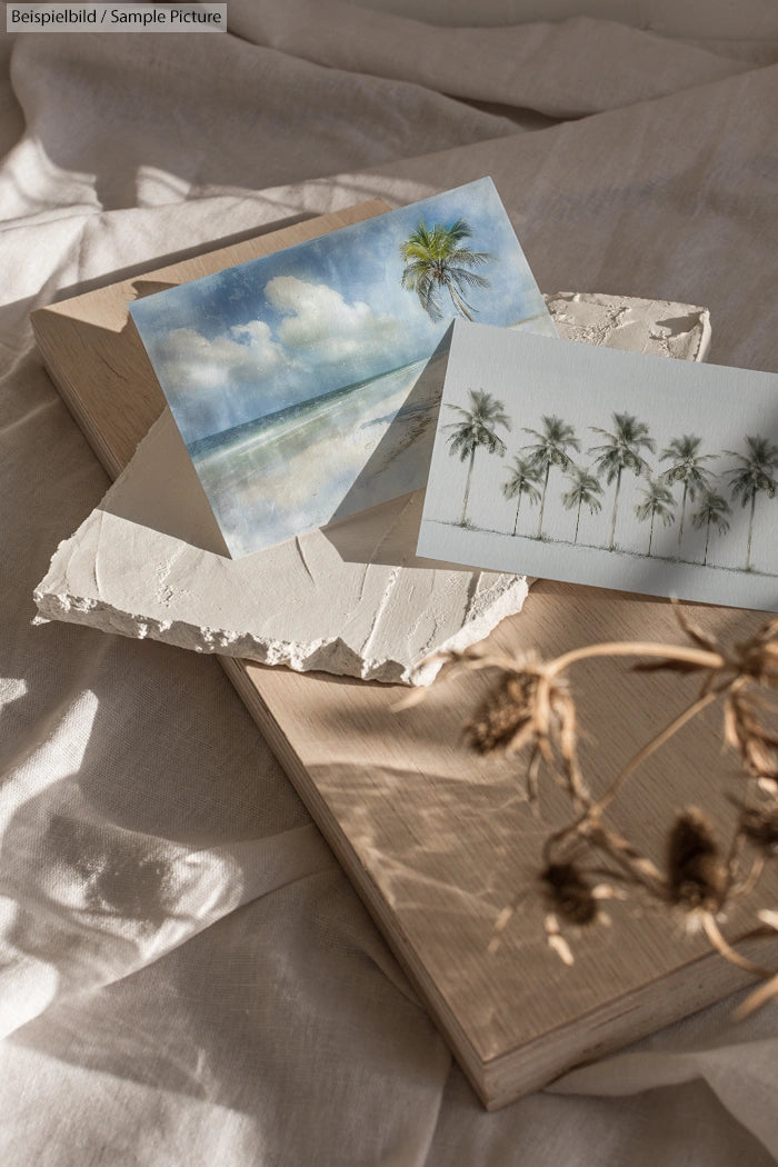Postcards with palm trees on textured paper and wooden surface, with dried flowers in soft sunlight.