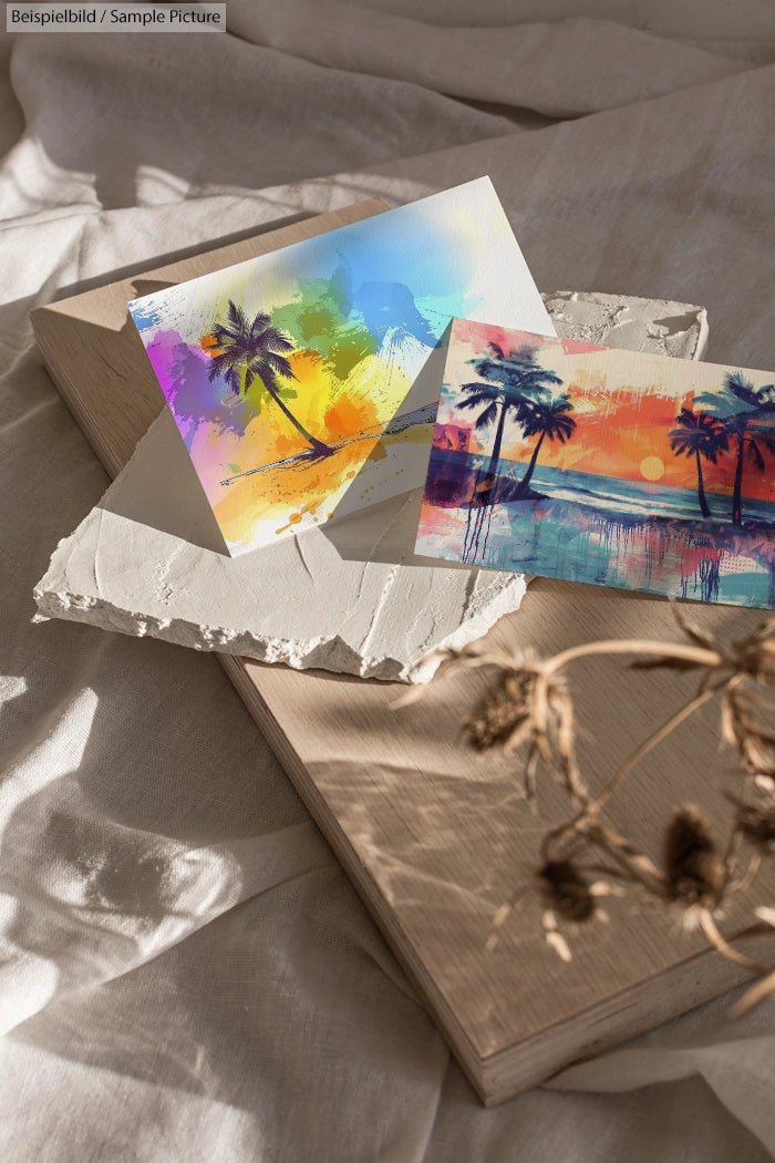 Colorful postcards with palm tree and sunset designs on textured surfaces, bathed in soft natural light.